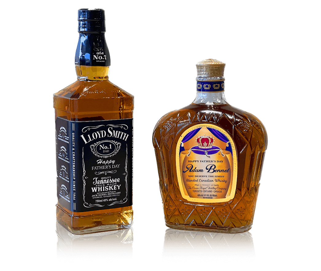 Custom Father's Day whisky bottle labels. Crown Royal and Jack Daniels bottles on white background.