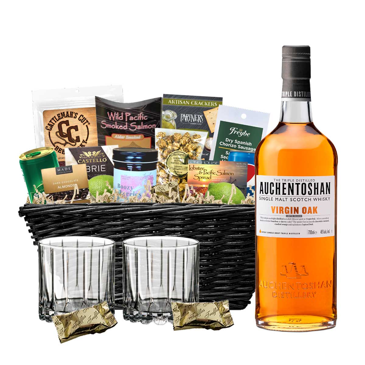 TAG Liquor Stores BC - Auchentoshan Virgin Oak Scotch Whisky 750ml Gift Basket