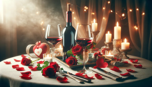 Romantic dinner table for Valentine's Day with roses and red wine on the table