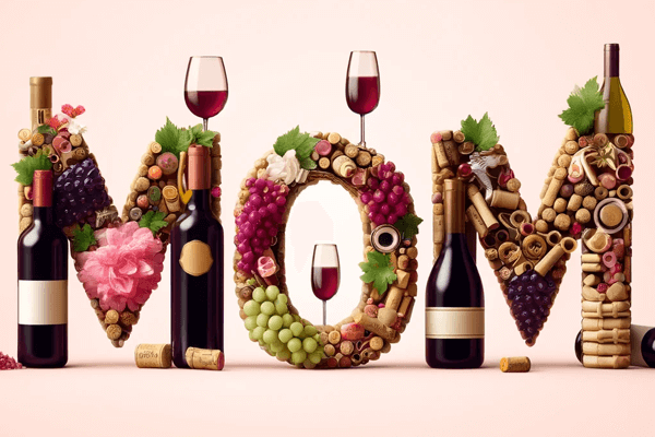 Wide banner with 'MOM' spelled out in wine-related items such as bottles, glasses, grapes, and corks on a light pink background, perfect for Mother's Day.
