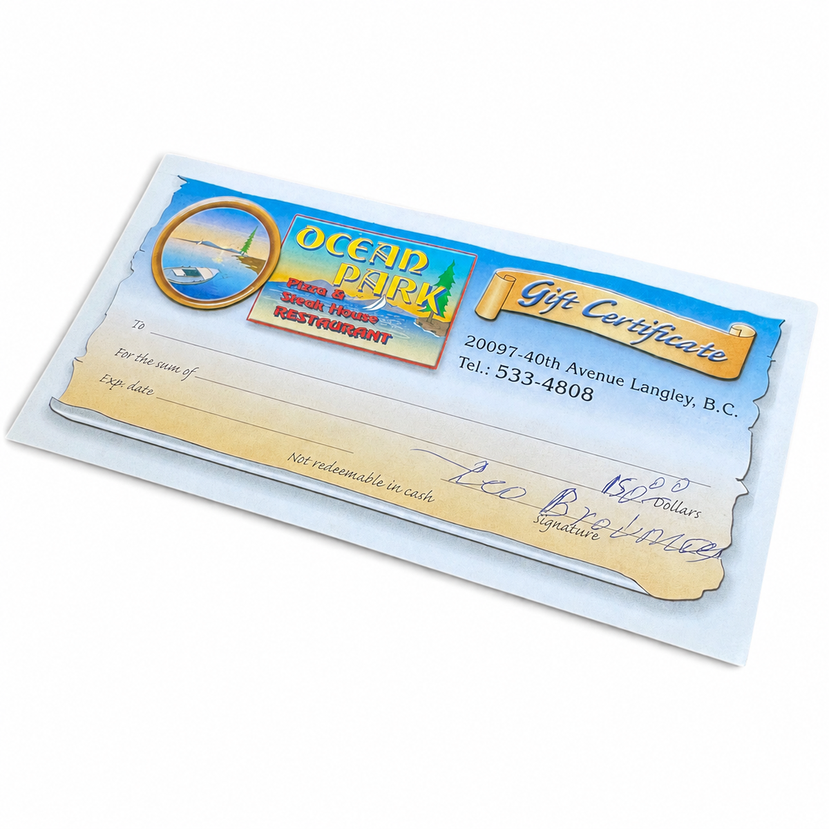 $150 Gift Card to Brookswood Ocean Park Pizza & Steakhouse