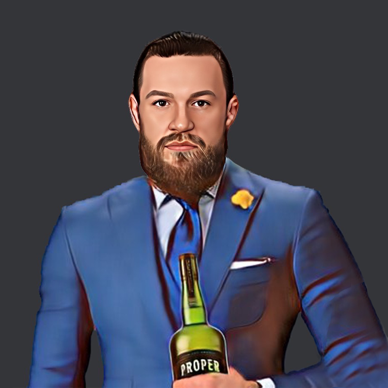 Cartoon of Connor McGregor holding a bottle of Proper Twelve Irish Whiskey