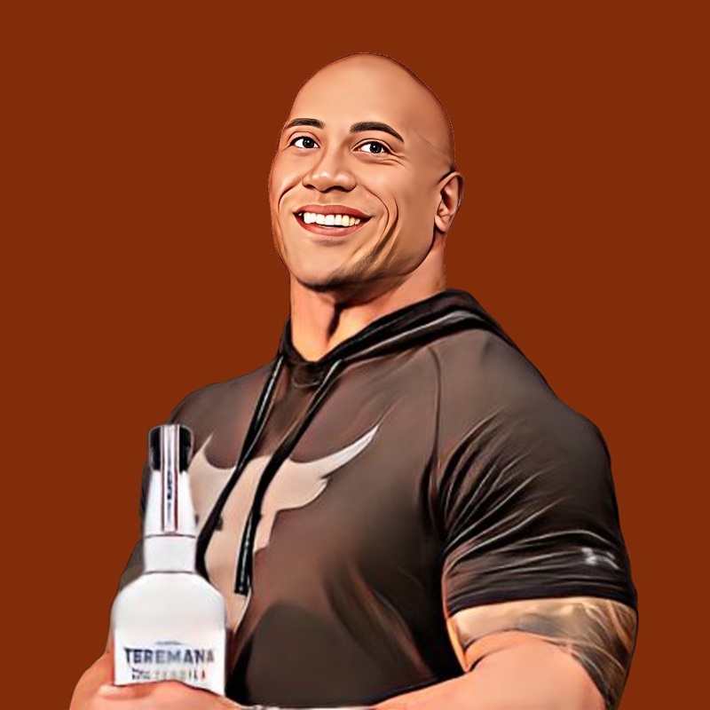 Cartoon of Dwayne the Rock Johnson holding a bottle of Teremana tequila
