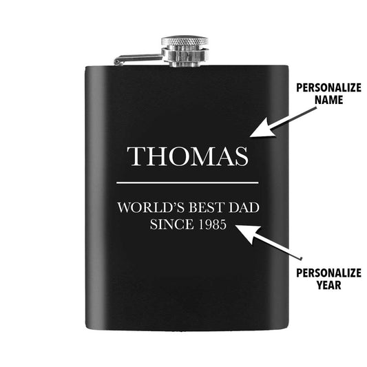 Father's Day "Worlds Best Dad" Custom Engraved Stainless Steel 8oz Hip Flask