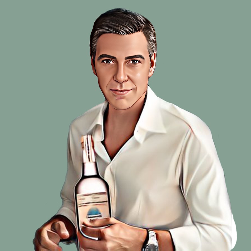 Cartoon of George Clooney holding a bottle of Casamigos Tequila