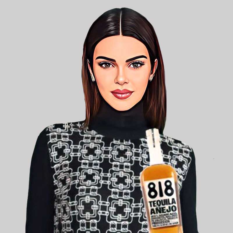 Cartoon of Kendall Jenner holding a bottle of 818 Tequila