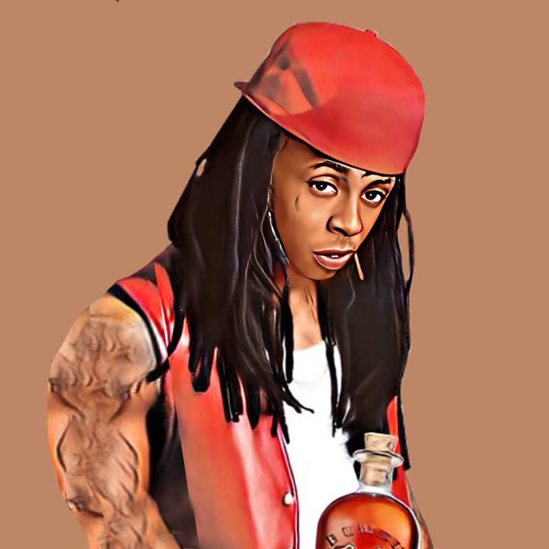 Cartoon of Lil Wayne holding a bottle of Bumbu Rum