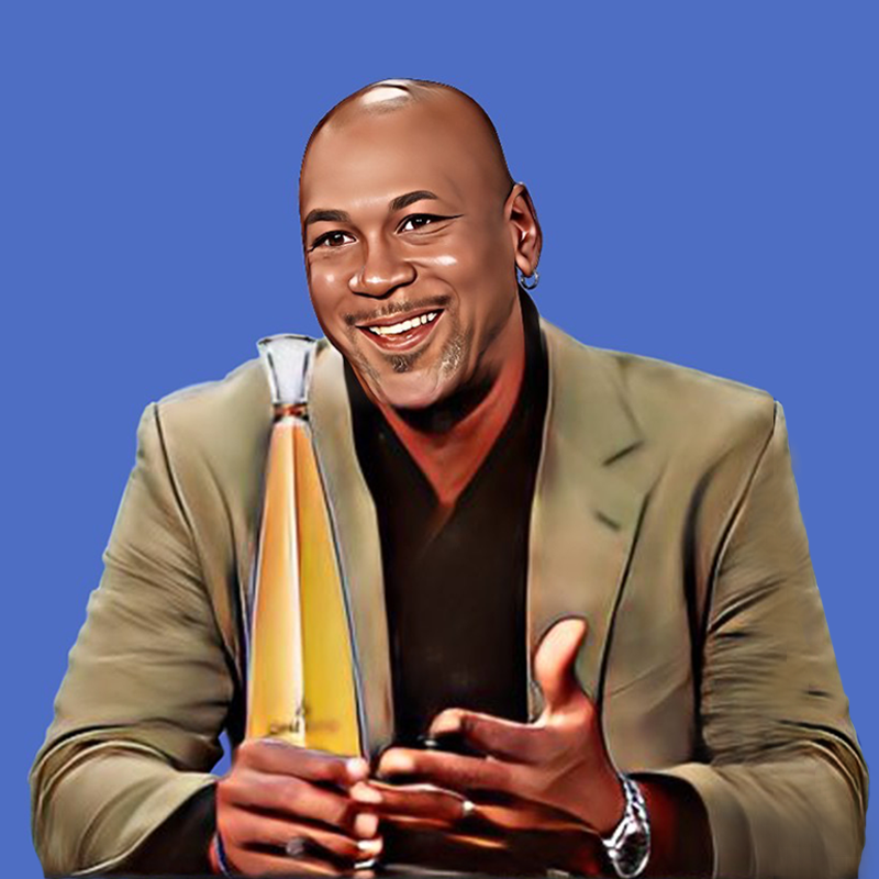Cartoon of Michael Jordan holding a bottle of Cincoro Tequila
