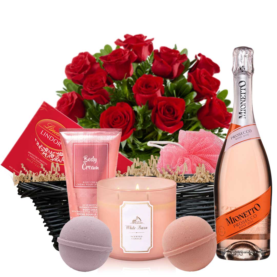 TAG Liquor Stores Canada Delivery-Mionetto Rose Prosecco 750ml Spa Gift Set with a Dozen Red Roses-wine-tagliquorstores.com