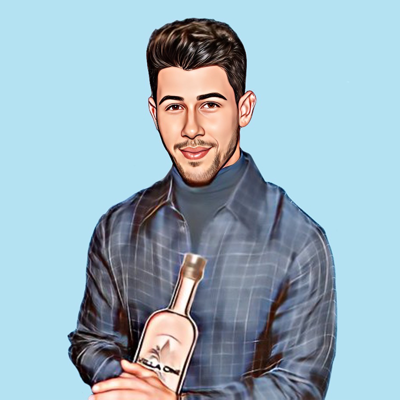 Cartoon of Nick Jonas holding a bottle Villa One Tequila