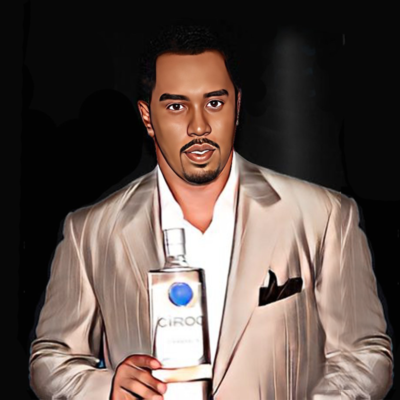 Cartoon of P Diddy holding a bottle of Ciroc Vodka