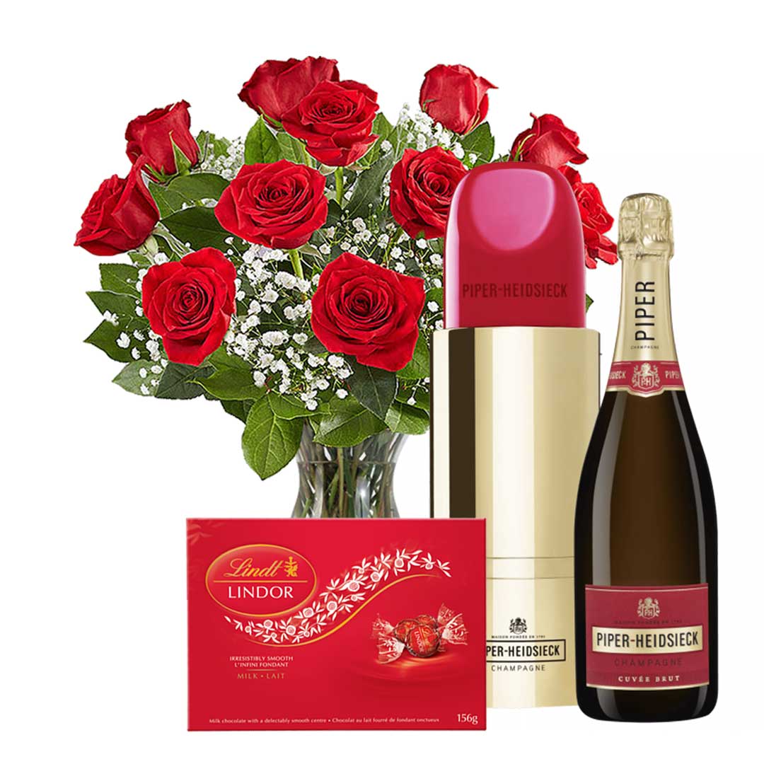 TAG Liquor Stores Canada Delivery-Piper Heidsieck Champagne Lipstick Edition 750ml Flower and Chocolates Package-tagliquorstores.com