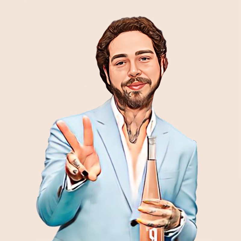 Cartoon of Post Malone holding a bottle of Maison No.9 Rosé