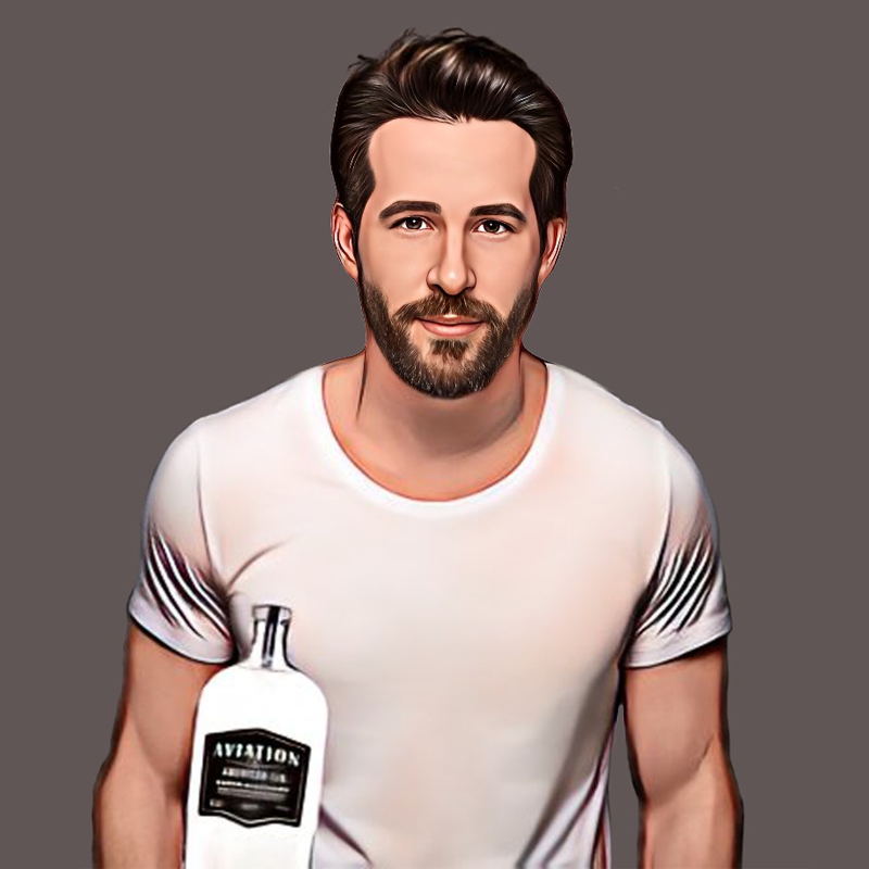 Cartoon of Ryan Reynolds holding a bottle of Aviation Gin