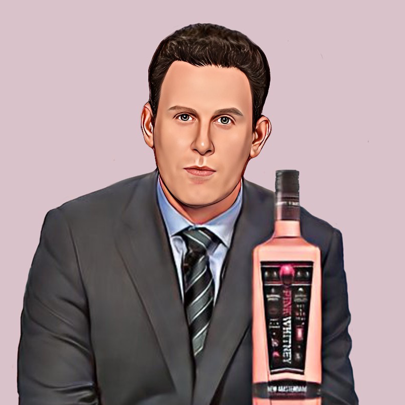 Cartoon of Ryan Whitney holding a bottle of Pink Whitney Vodka