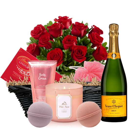 TAG Liquor Stores Canada Delivery-Veuve Clicquot 750ml Champagne Romantic Spa Gift Set with a Dozen Red Roses-wine-tagliquorstores.com