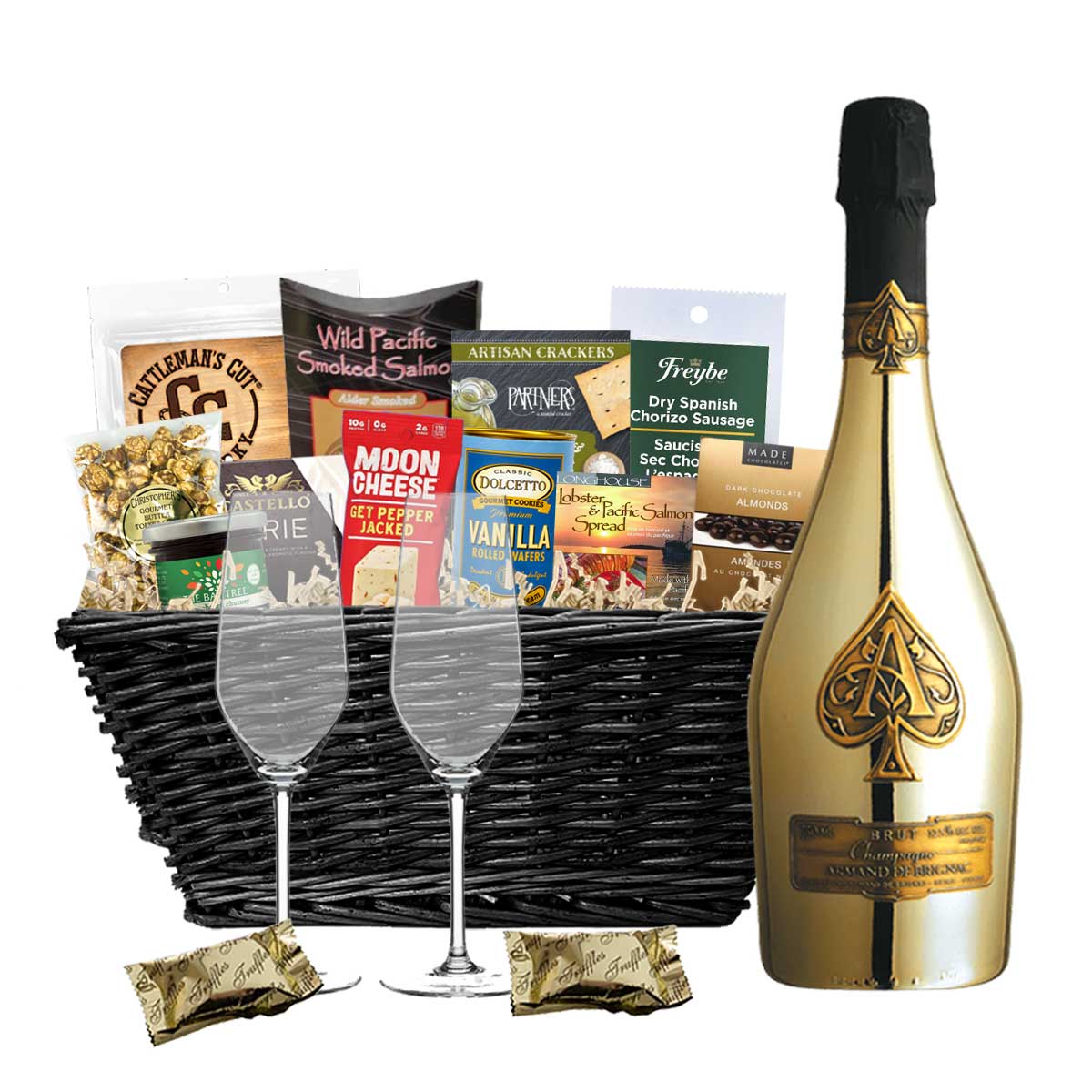 TAG Liquor Stores BC - Armand de Brignac Ace of Spades Brut Champagne with Velvet Bag 750ml Gift Basket