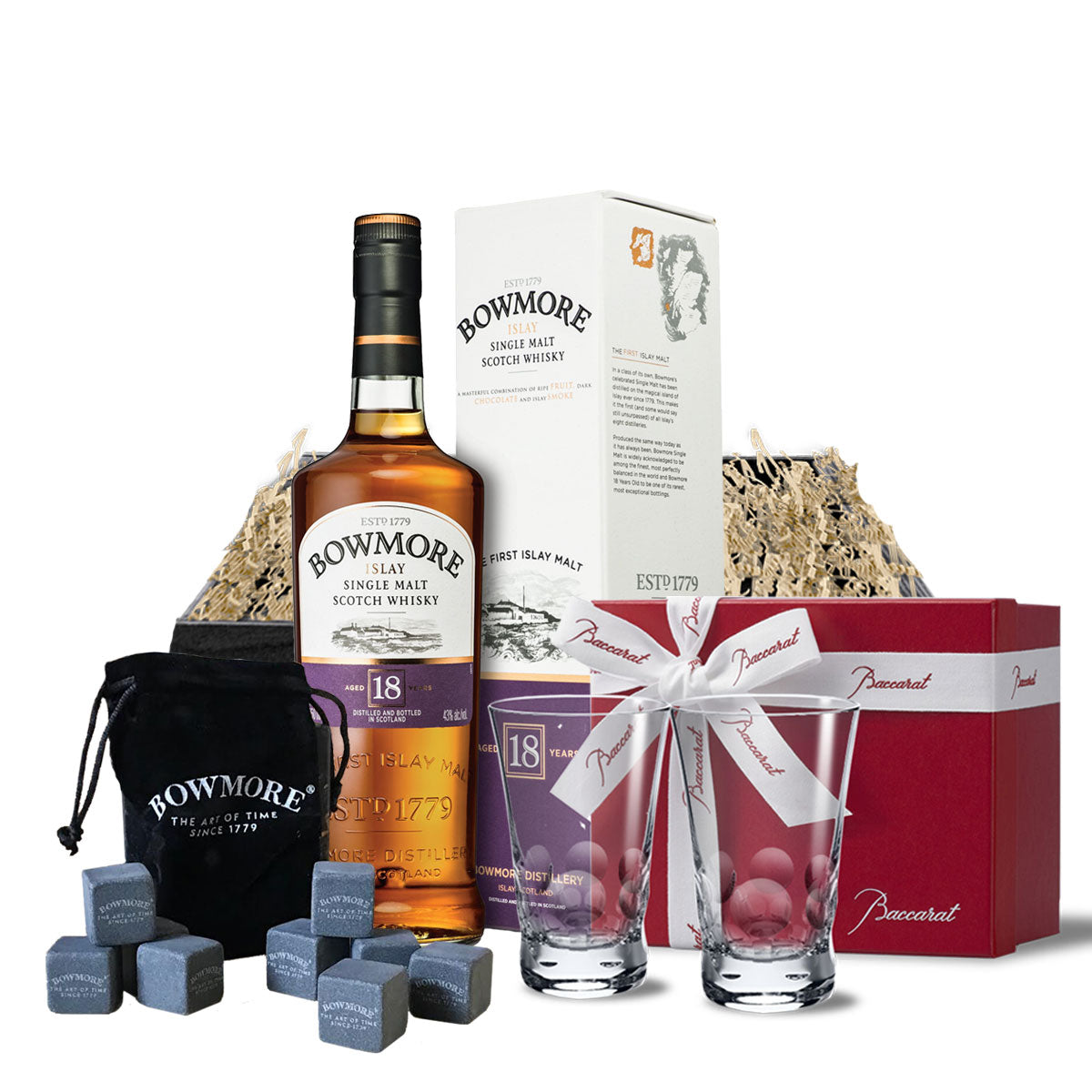 TAG Liquor Stores BC - Bowmore 18 Year Scotch Whisky 750ml with Crystal Glassware and Whisky Stones Gift Set