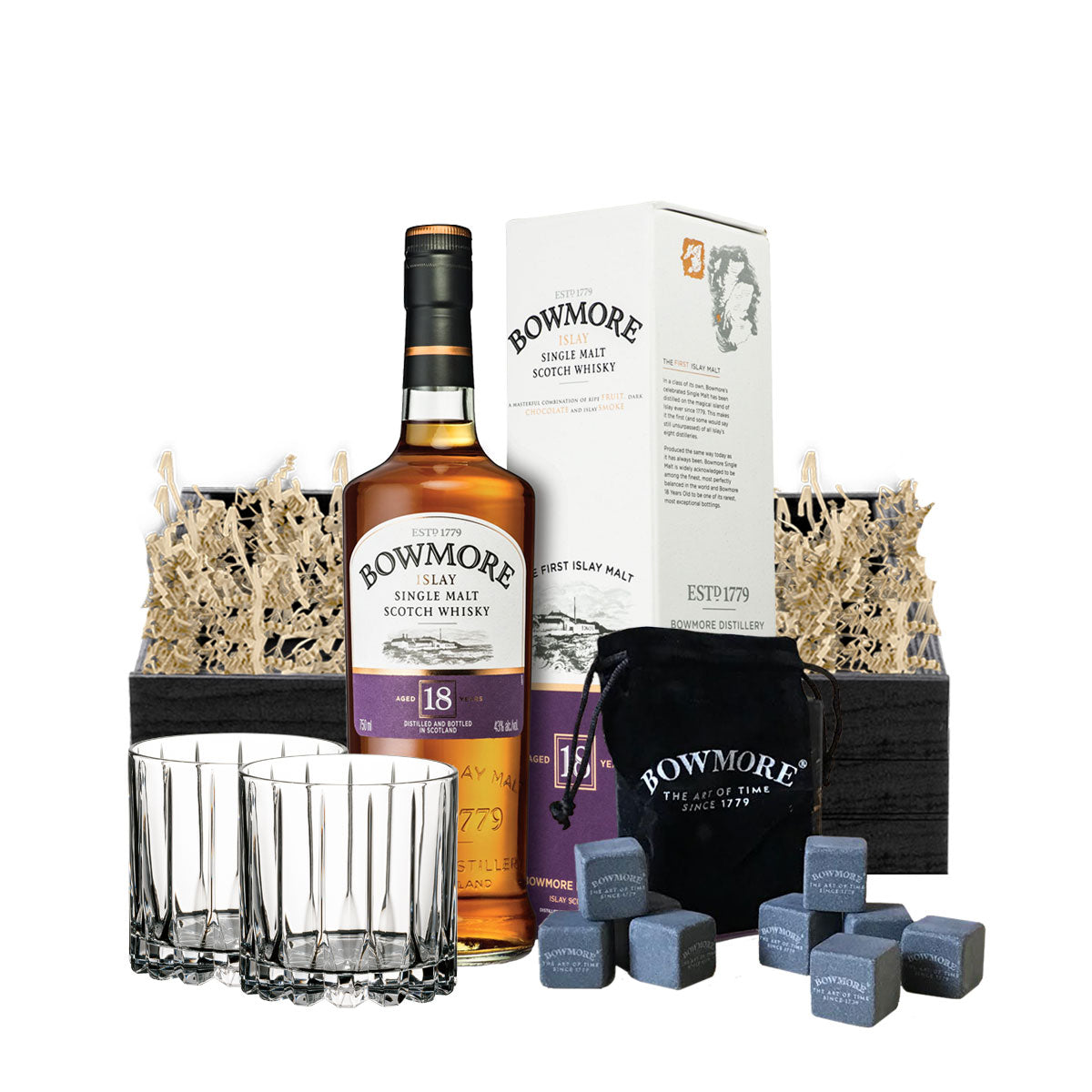 TAG Liquor Stores BC - Bowmore 18 Year Scotch Whisky 750ml with Crystal Glassware and Whisky Stones Gift Set