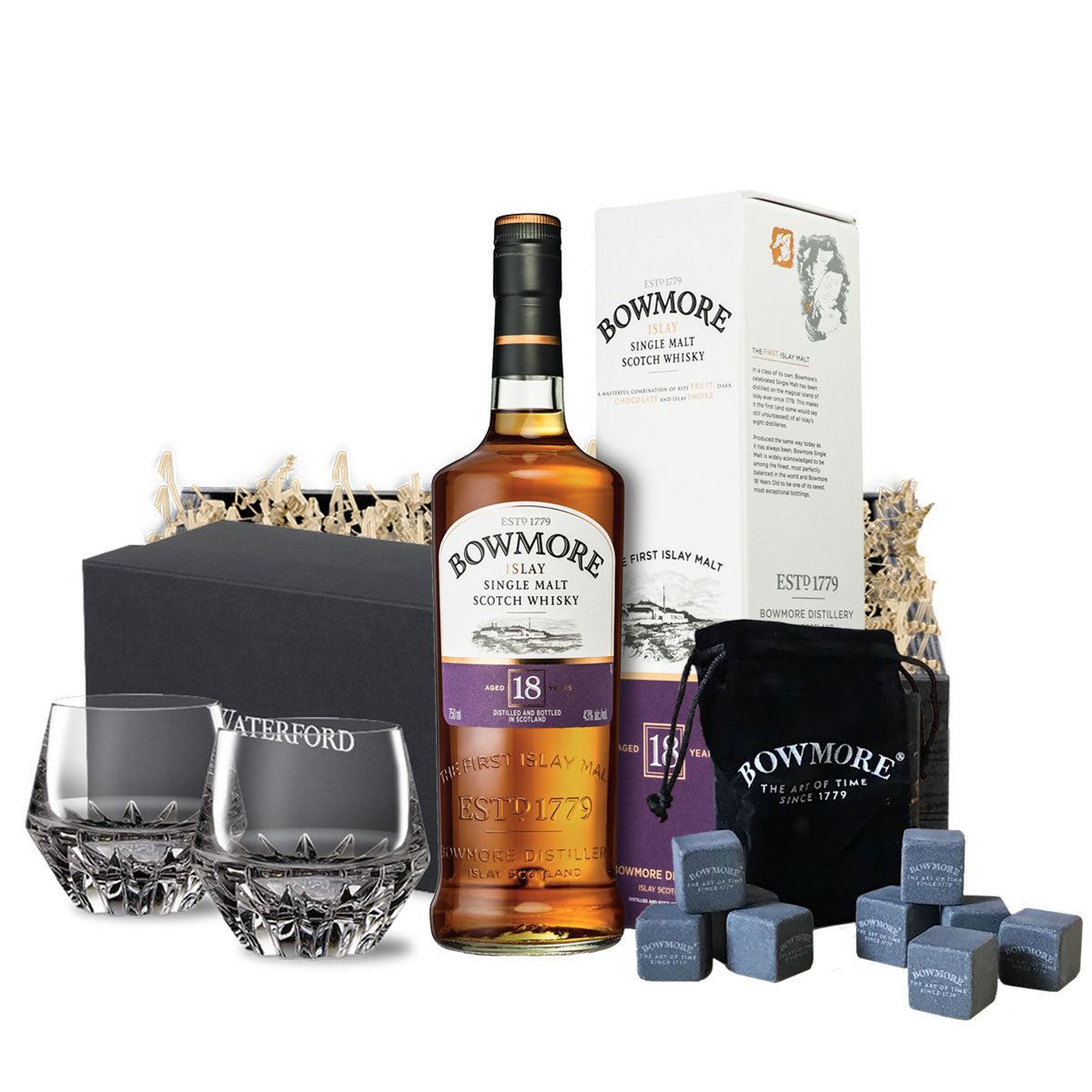 TAG Liquor Stores BC - Bowmore 18 Year Scotch Whisky 750ml with Crystal Glassware and Whisky Stones Gift Set