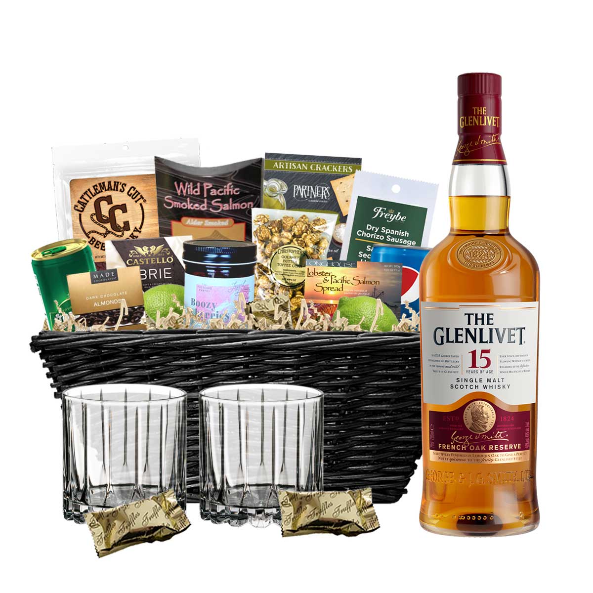 TAG Liquor Stores BC - Glenlivet French Oak 15 Year Old Single Malt Scotch Whisky 750ml Gift Basket