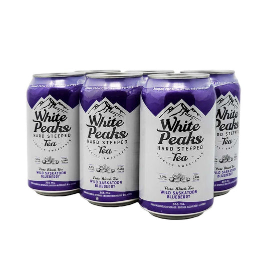 White Peaks Pure Black Tea Wild Saskatoon Blueberry 6 Pack Can
